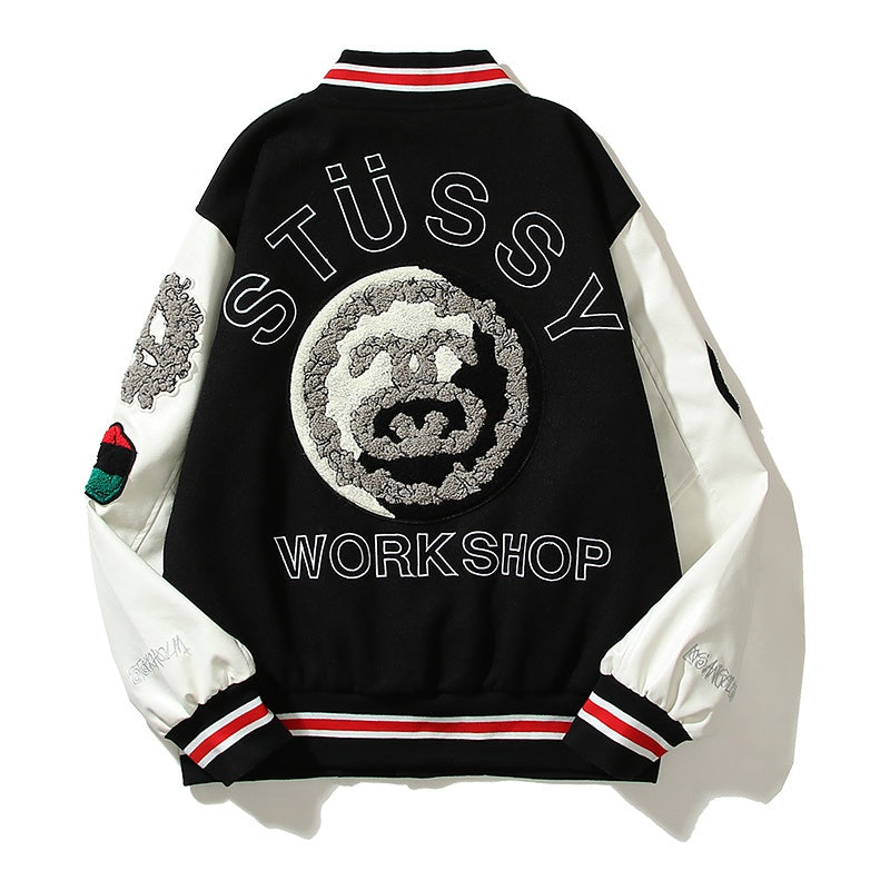 American-style baseball jacket Leather Sleeve S-Logo Graphic Oversized Embroidered Thickened Baseball Jacket – Embracing the "Vibe" Aesthetic
