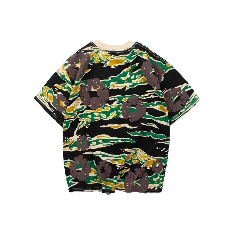 Denim Tears T Shirts Y2K Camouflage Cotton Wreath Floral Puff Printed Oversized Streetwear Tee