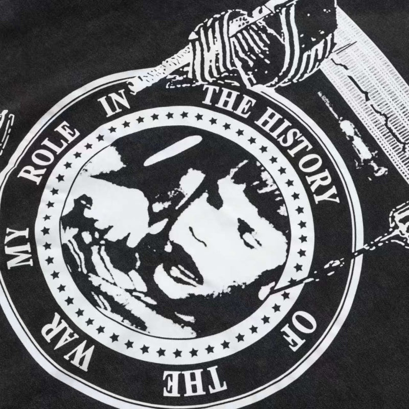 ERD Hoodie Acid Washed Black Pullover Front Letter Graphic Back Circular Portrait Print