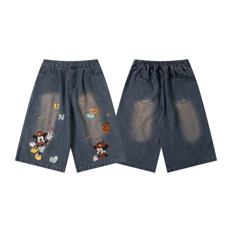 Street-style vintage Cropped trousers Retro Casual Hip Hop Patchwork Denim Jorts with Cute Character Embroidery
