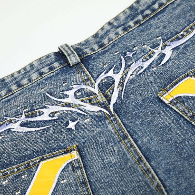 American-style streetwear harem pants Yellow Cross Print Washed Barrel Denim