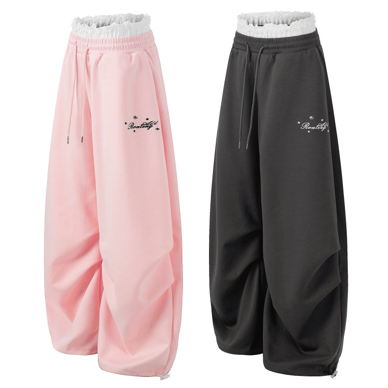 American-style streetwear harem pants Frill Waist Script Print Loose Curved Trousers