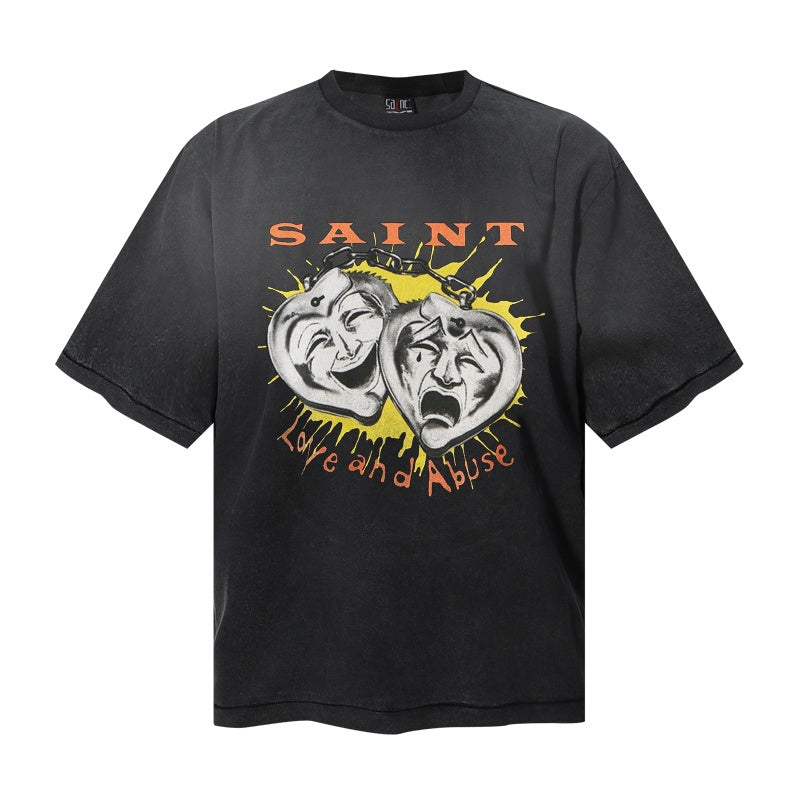 Saint Michael T Shirts Distressed Black Love and Abuse Theater Face Street Top