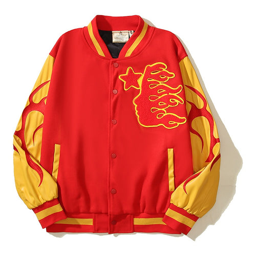 American-style baseball jacket High-street style "HELL" tiger-motif varsity jacket featuring color-blocking, contrast paneling, and embroidery—an Instagram-trending design.