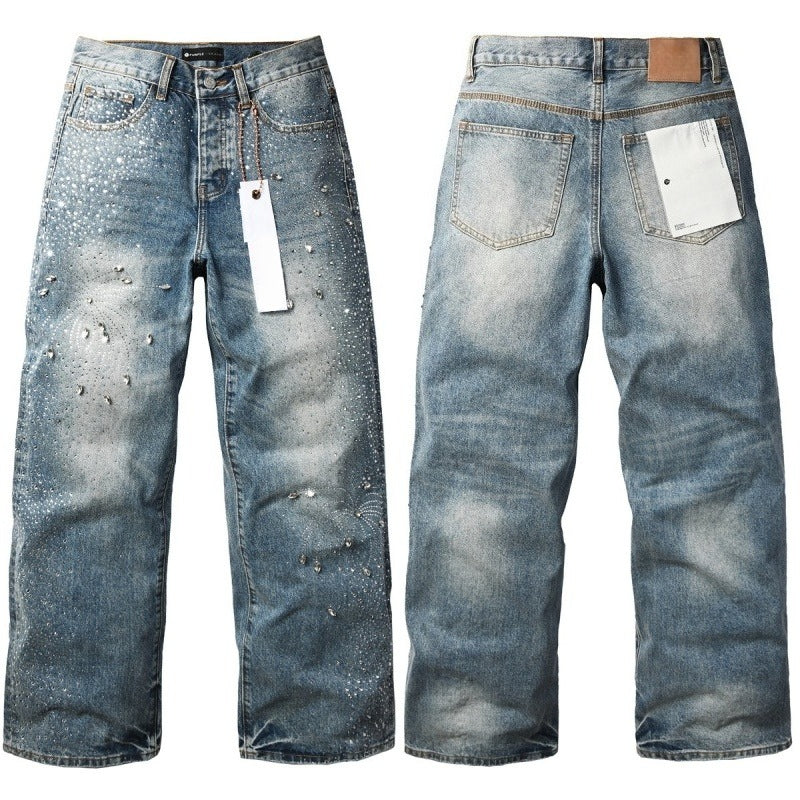 Purple brand Jeans High-quality pure cotton streetwear trousers Rhinestone-embellished straight-leg ripped jeans