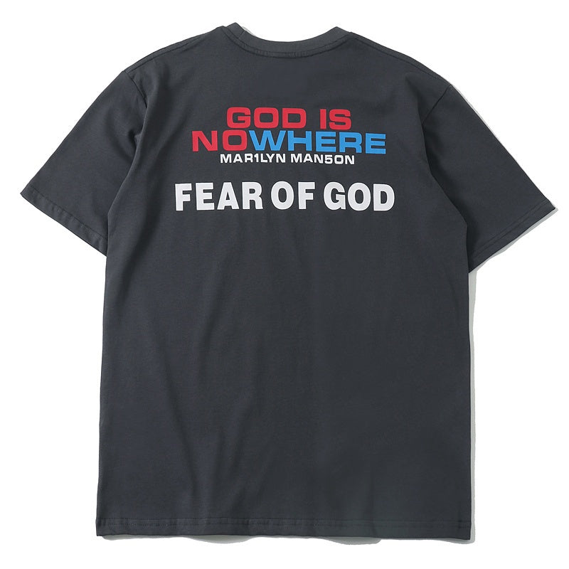 Mens T-shirt Vintage American-style Fear of God FOG Psychedelic Portrait High-Quality Loose-Fit Drop-Shoulder Tee