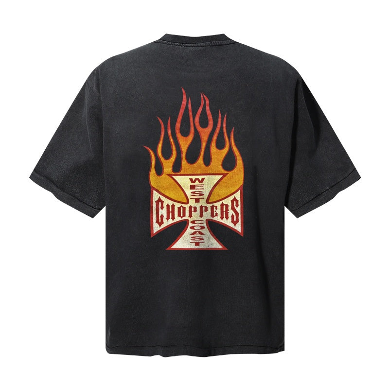 Saint Michael T Shirts  Retro Gradient Flame Iron Cross Double Sided Print Biker Casual
