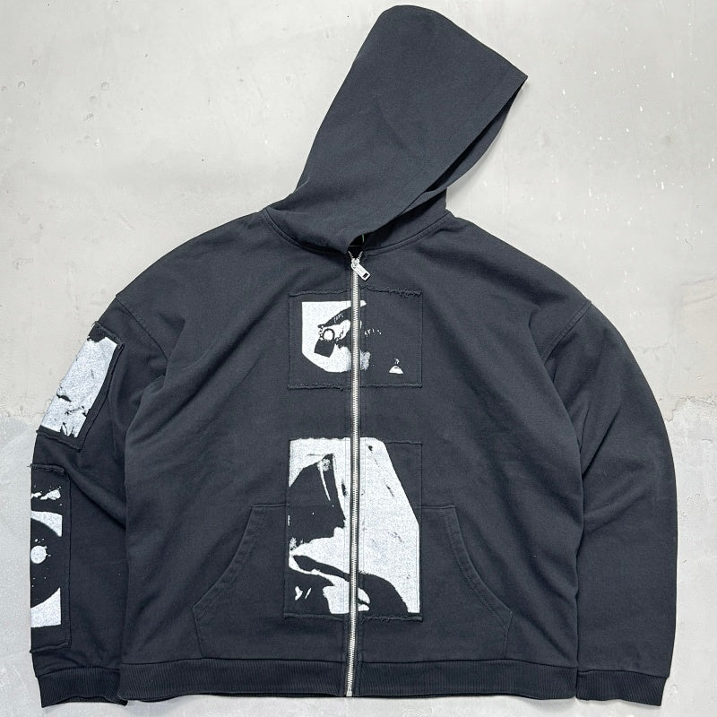 Unisex Vintage Hoodie ENFANTS RICHES DEPRIMES (ERD) – Oversized zip-up hoodie featuring Madonna illustrations, multiple patch prints, a washed/distressed finish, and a relaxed silhouette.