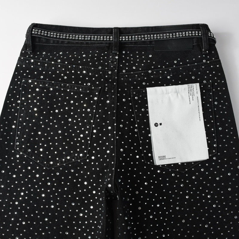 Purple brand Jeans High-quality pure cotton streetwear trousers Rhinestone-embellished loose straight-leg trousers Comes with a belt