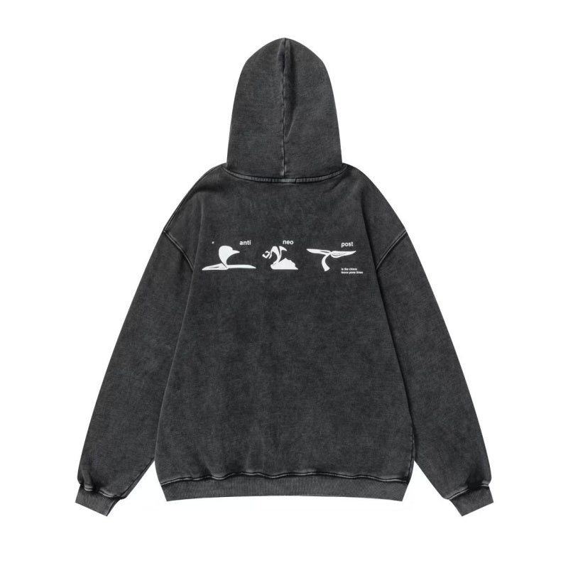 ERD Hoodie Retro Aged Soft Oversized Pullover Front Mini White Sketch Back Three Separated Outline Motifs