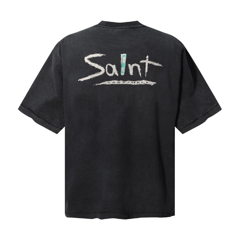 Saint Michael T Shirts Red Triangle With Cursive "Salnt" Front Print Design