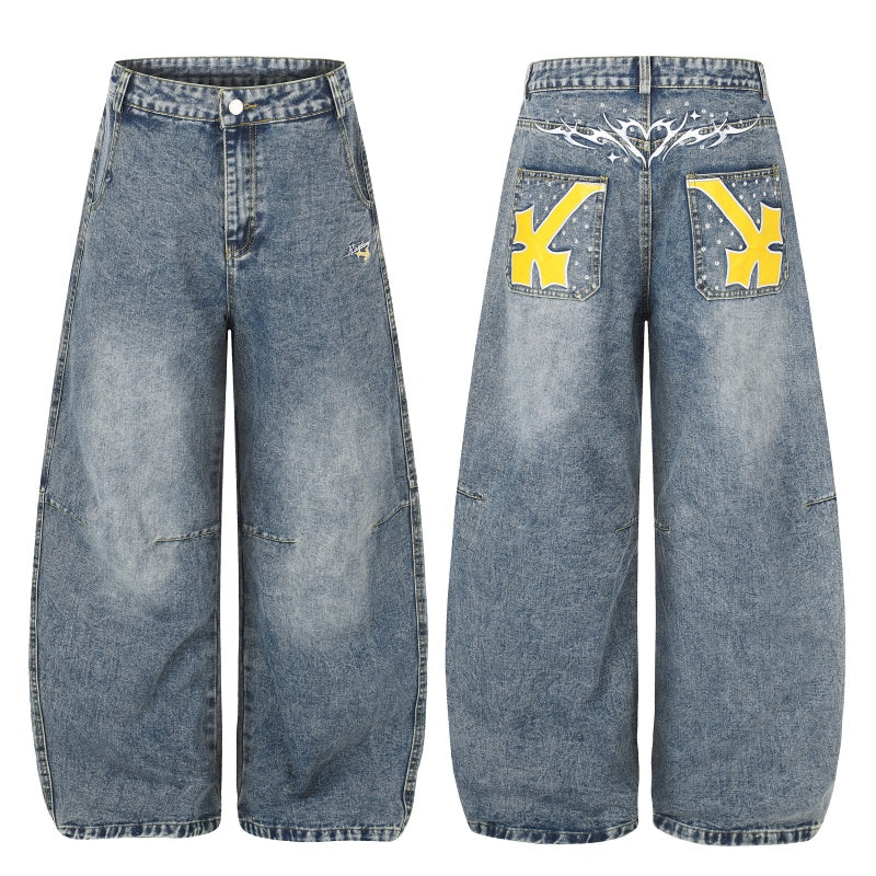 American-style streetwear harem pants Yellow Cross Print Washed Barrel Denim