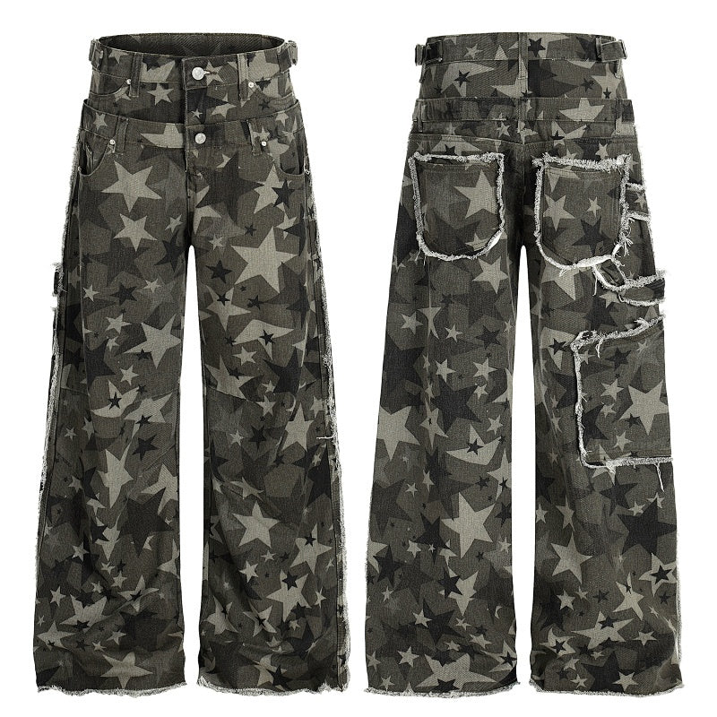 American-style streetwear harem pants Frayed Trim Multi-Pocket Relaxed Slacks