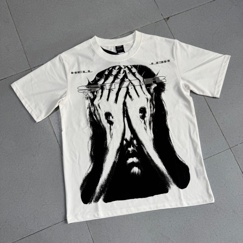 Vintage-style American T-shirt Dark Tone Palm Overlay Typography Design