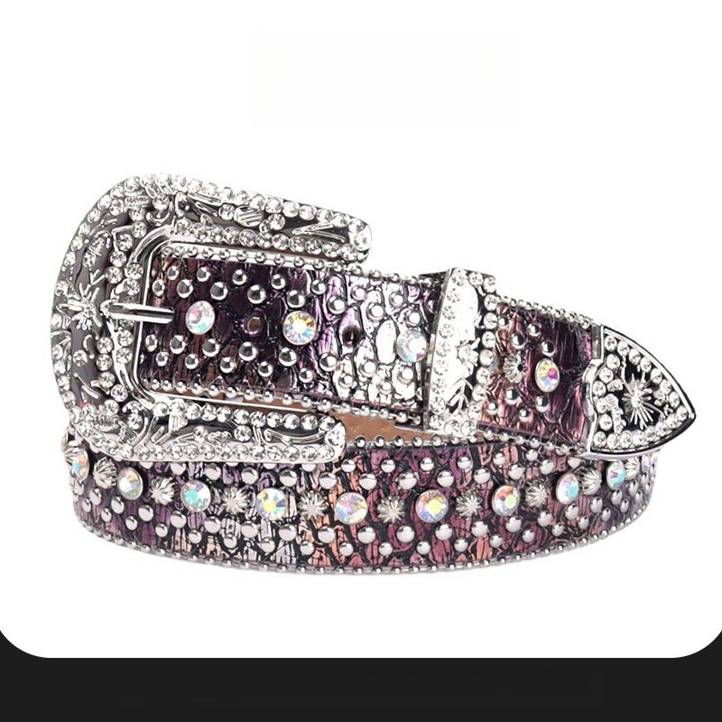 Hip-hop punk rhinestone belt crocodile pattern gradient color