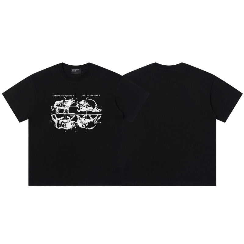 ERD T Shirts Black Base Quad Grid Animal Sketch Vintage Text Front Graphic