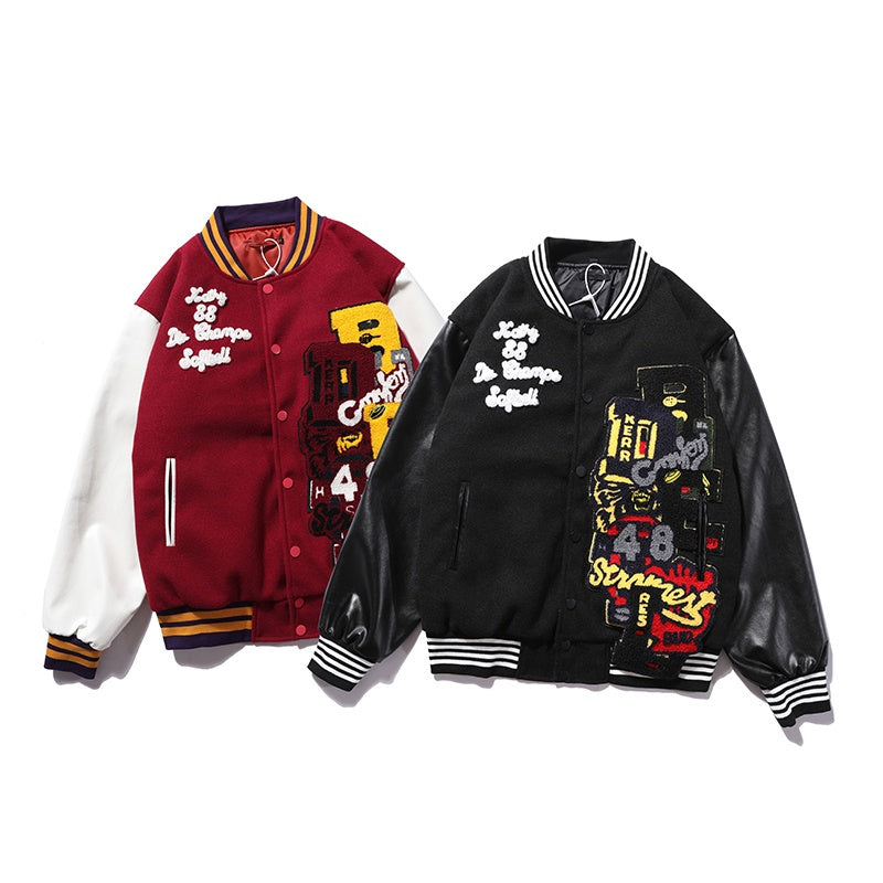 American-style baseball jacket TRAVIS SCOTT Men's Stand-Collar Padded Jacket (Wool-Blend Body with Leather Sleeves & Embroidery) – Unisex Style