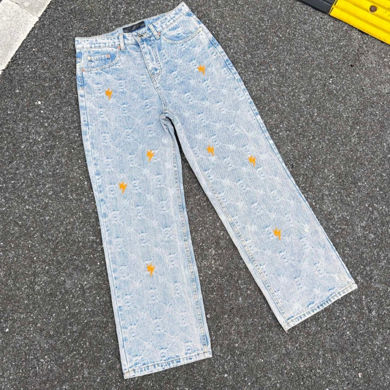 Lightning Pattern Jeans High-quality high-street pure cotton trousers