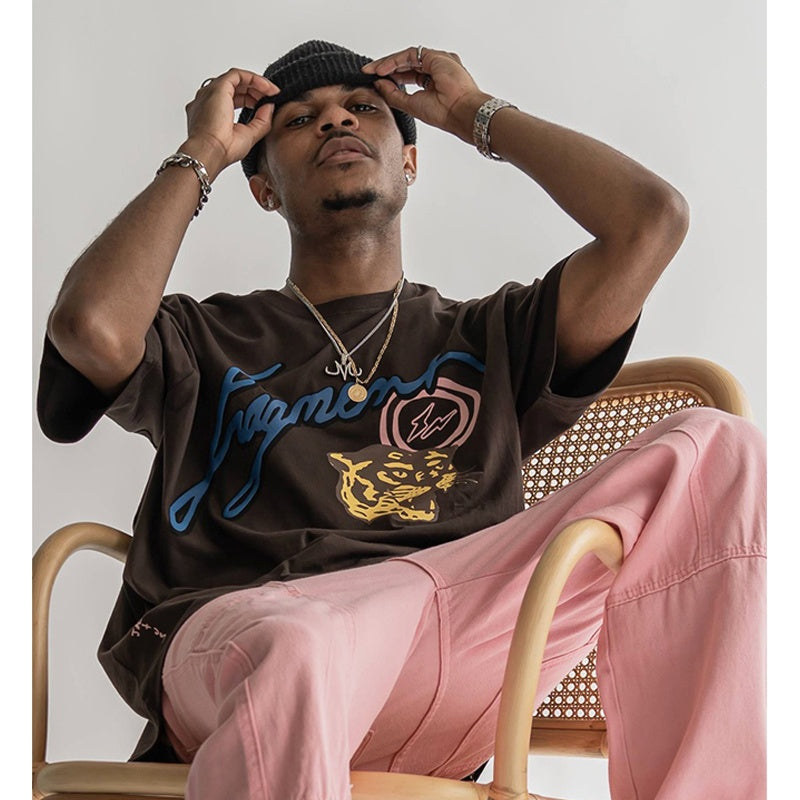 Mens T-shirt Vintage American-style Kanye & Travis Scott Tiger Head Puff Print