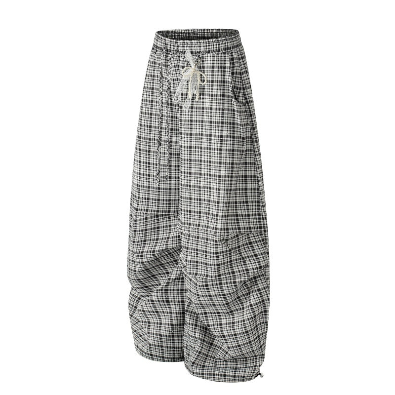 American-style streetwear harem pants Plaid Bow Tie Ruched Curved Bottoms