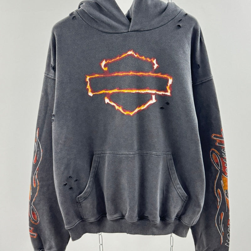 Unisex Vintage Hoodie Harley-Davidson "West Coast Flames & Cross" Limited Edition Distressed Hoodie — featuring multi-area handcrafted distressing and heavy-duty enzyme-washed, faded finish.
