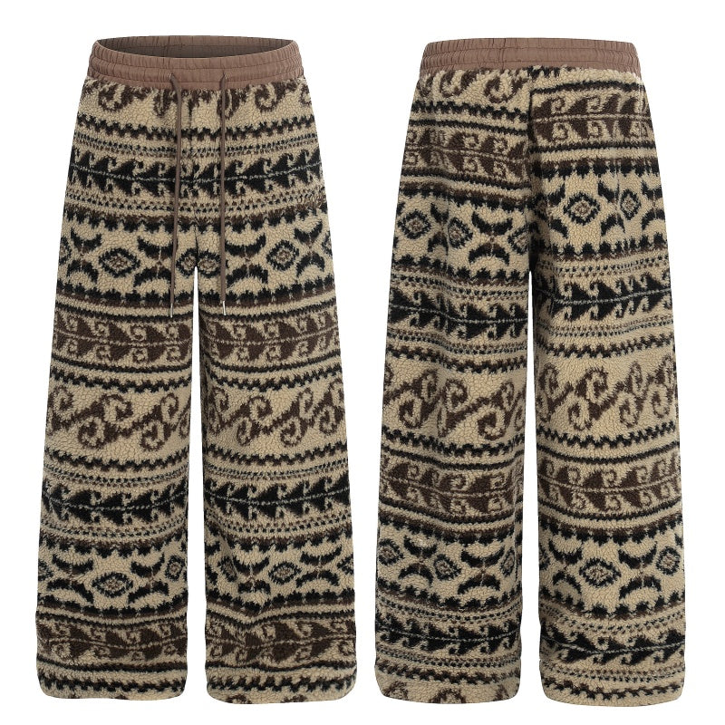 American-style streetwear harem pants  Retro Nordic Pattern Cozy Knit Cotton-padded trousers