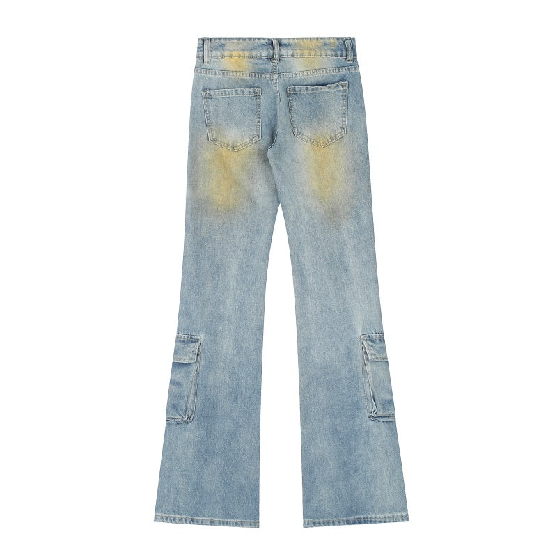 American-style streetwear harem pants Retro Bleach Wash Wide Flare Cargo Jeans