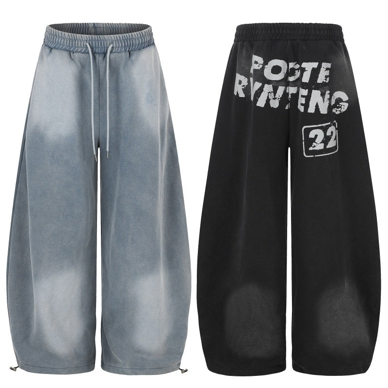 American-style streetwear harem pants Distressed Spray Dye Number Graphic Wide Trousers