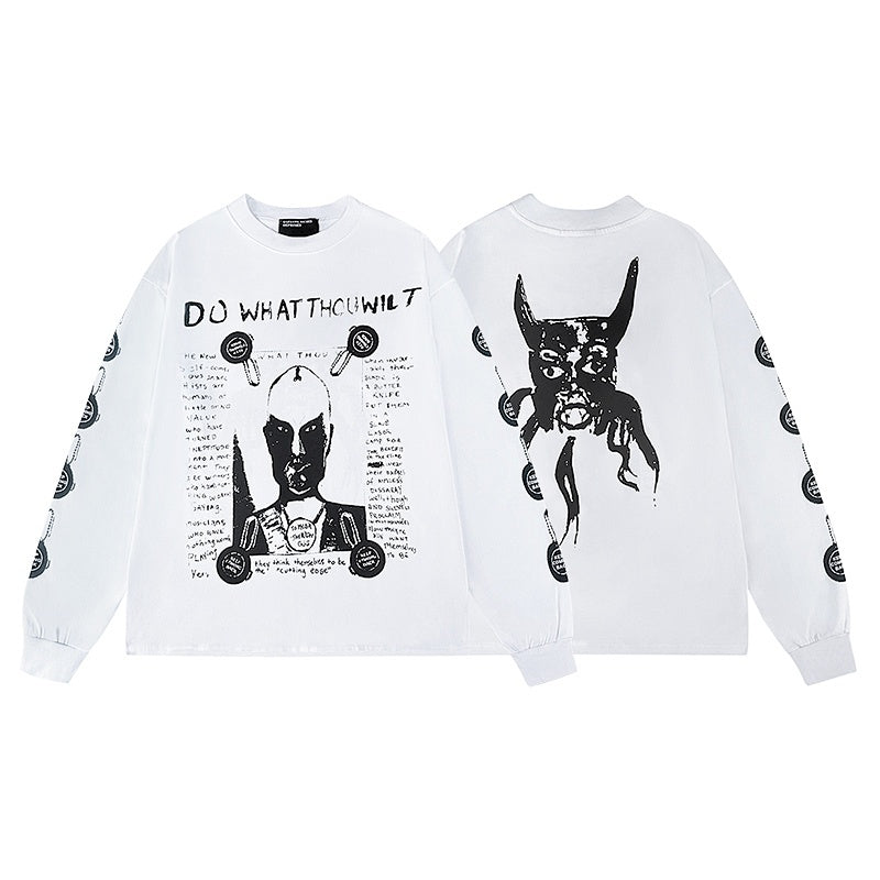 ERD Long sleeved shirt  Vintage Sketch Graphic Long Sleeve Shirt Front Text Demon Back Design