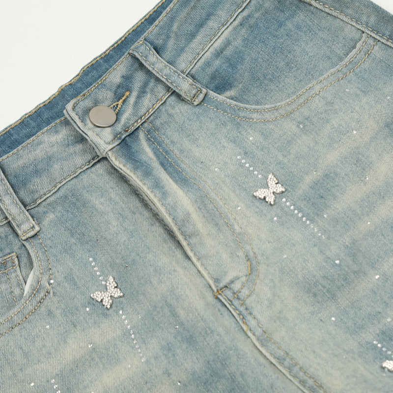 American-style streetwear harem pants Distressed Washed Butterfly Decor Wide Bootcut Trousers