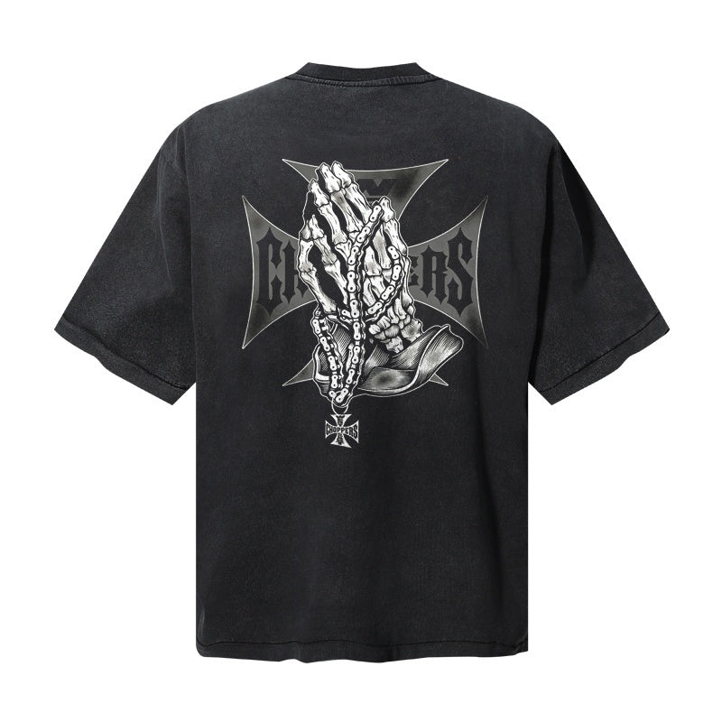 Saint Michael T Shirts Gothic Skull Prayer Hands Iron Cross Retro Streetwear