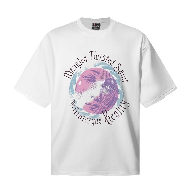 Saint Michael T Shirts White Oversized Mangled Twisted Saint Circular Crying Face Graphic