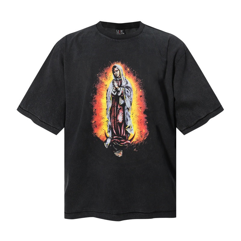 Saint Michael T Shirts Our Lady of Guadalupe Flame Aura Portrait Streetwear