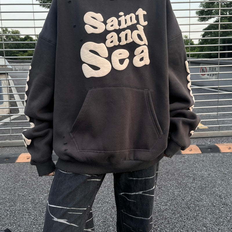 Unisex Vintage Hoodie Saint Michael "Saint & Sea" American Vintage-Style Hoodie with Puff-Print Graffiti Graphics