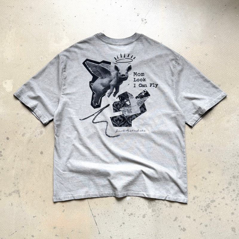 Unisex Vintage T Shirts SAINT MICHAEL x CHO "Omnipotent" Limited Edition – High-Street Short-Sleeve Tee featuring Direct-to-Garment (DTG) white ink printing, heavy-duty distressed wash finish, and a unique cement-grey colorway.