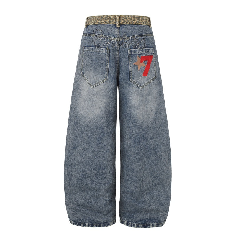 American-style streetwear harem pants Faded Leopard Waistband Relaxed Barrel Denim