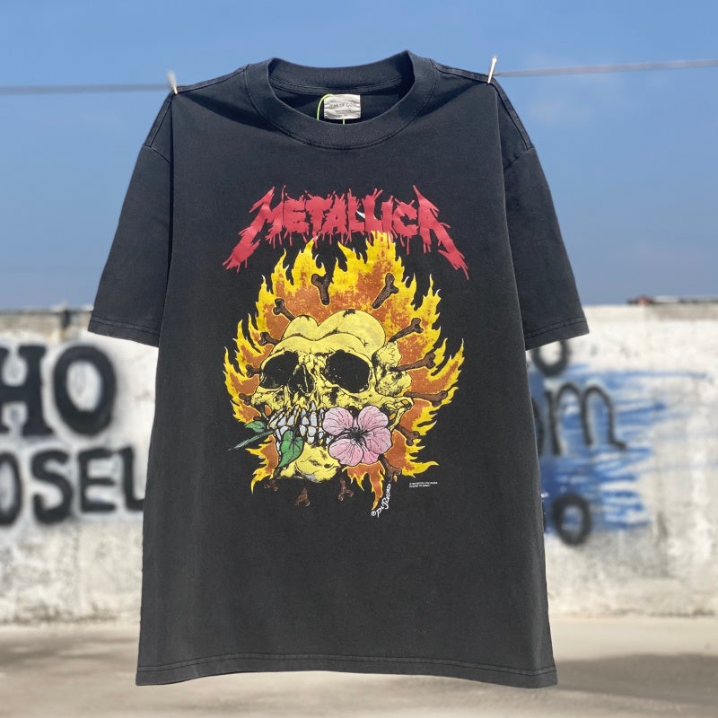 Unisex Vintage T Shirts "Metallica Flower Skull" — a limited-edition, one-of-a-kind (1-of-1) piece featuring a Fear of God-style graphic, printed on a heavyweight, vintage-washed base garment.