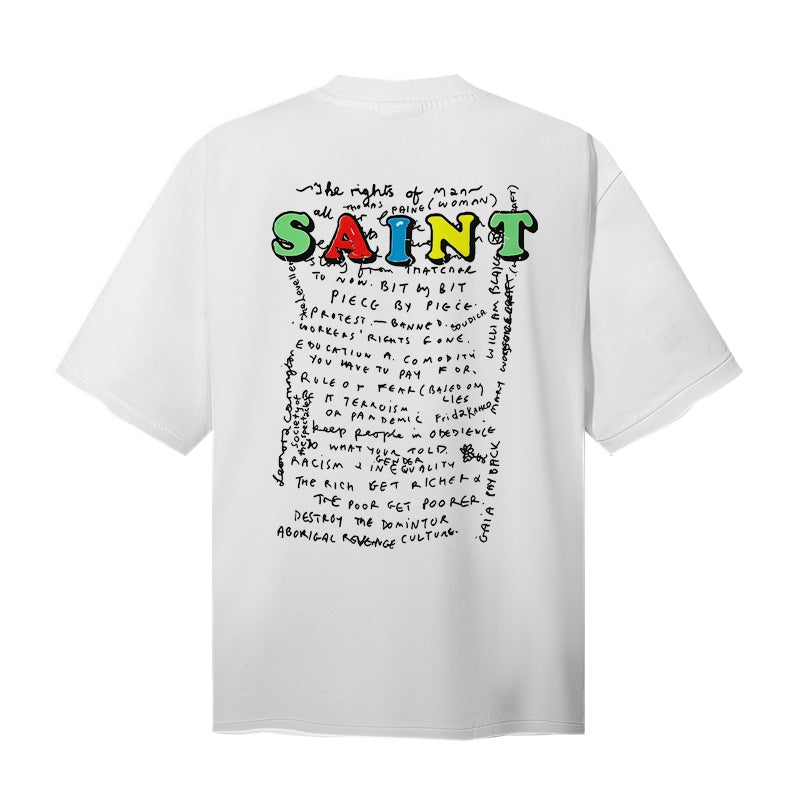 Saint Michael T Shirts White Oversized Daily Mirror Never Again Balaclava Mask Front Print