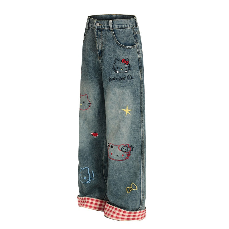 American-style streetwear harem pants Cute Cartoon Cat Stitched Roll Hem Denim
