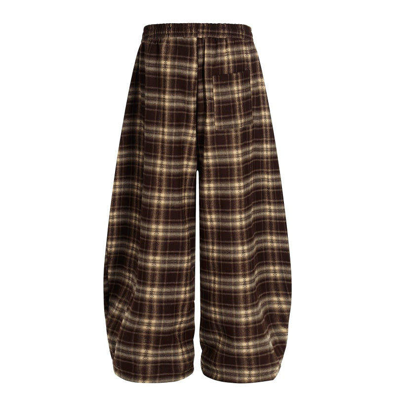 American-style streetwear harem pants Gathered Plaid Wide Balloon Trousers