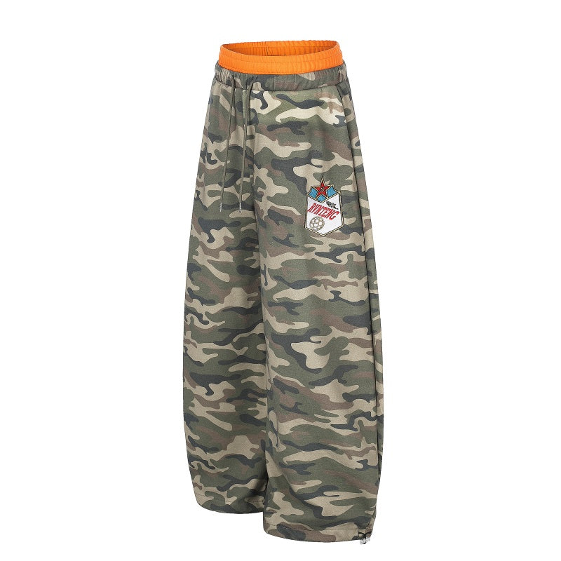 American-style streetwear harem pants Contrast Waist Camo Badge Graphic Loose Casual Pants