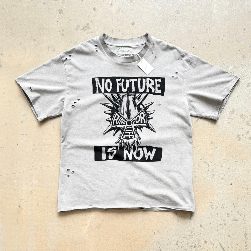 Unisex Vintage T Shirts CHOOOSELF 26SS "NO FUTURE IS NOW" Limited Edition – A tribute to the Sex Pistols. Heavyweight, washed, distressed, and destroyed street-style T-shirt featuring a boxy, cropped punk aesthetic.