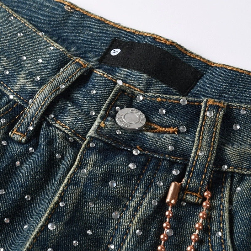Purple brand Jeans High-quality pure cotton streetwear trousers Rhinestone-embellished loose straight-leg trousers