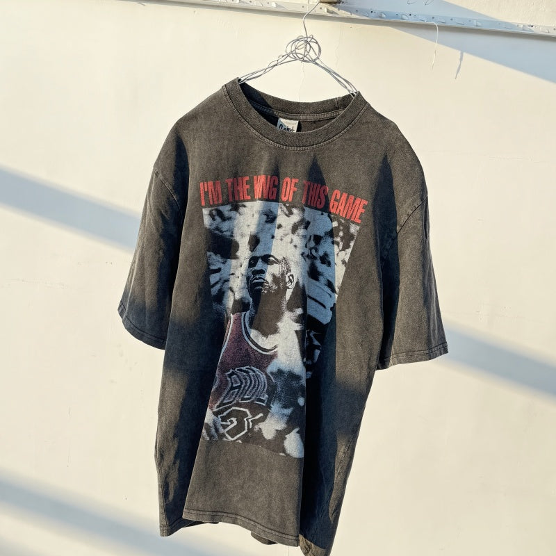 Unisex Vintage T Shirts MJ "Undefeated Ruler" Limited Edition – Heavyweight Distressed Wash Short-Sleeve T-Shirt. Crafted from custom heavyweight brushed fabric with a vintage feel. Features a premium combination of white ink direct printing and Amer