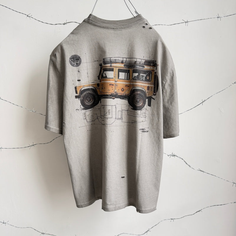 Unisex Vintage T Shirts Saint x Hot Wheels x Land Rover Defender three-way collaboration: featuring a "lid-and-base" style collar construction with single-needle stitching, a special enzyme-abrasion and vintage-wash finish, direct-to-garment white in