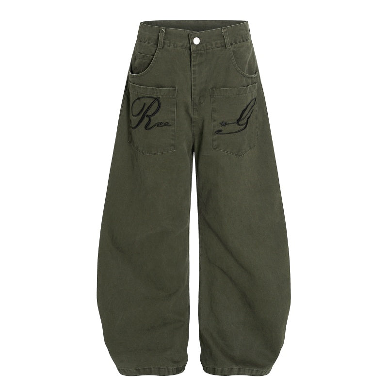 American-style streetwear harem pants Retro Khaki & Olive Script Embroidered Relaxed Bottoms