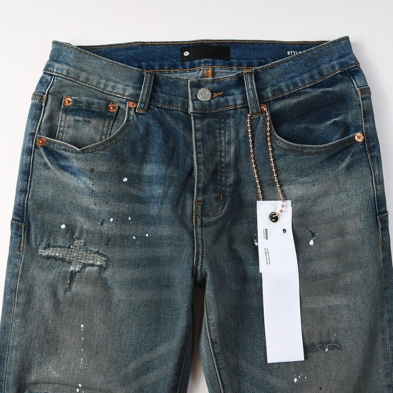 Purple brand Jeans High-quality pure cotton streetwear trousers Glossy ink-splatter finish