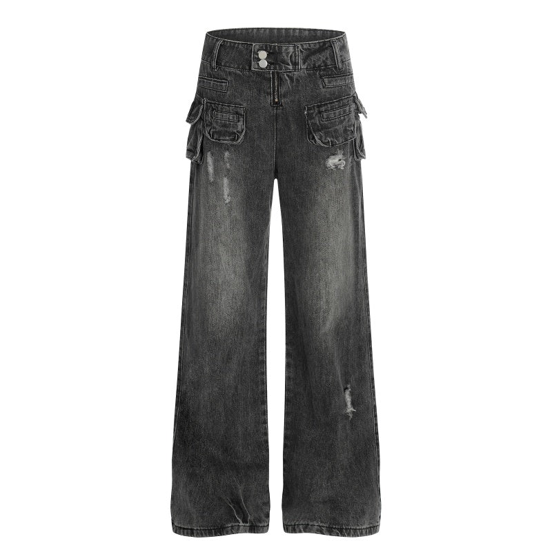 American-style streetwear harem pants Multi Pocket Ripped Vintage Flare Jeans