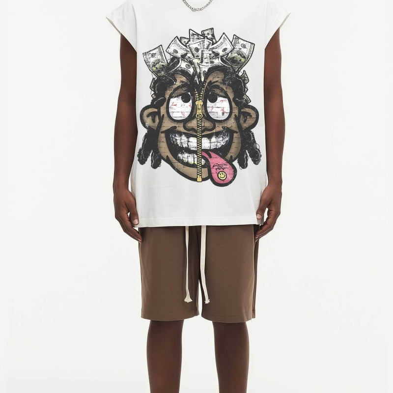 BIG FACE Drop-Shoulder Tank Top High-street vintage style featuring a small neckline, white-ink digital direct-to-garment (DTG) printing, and a heavy-duty, distressed wash finish; crafted from 260g double-yarn plain-knit fabric.