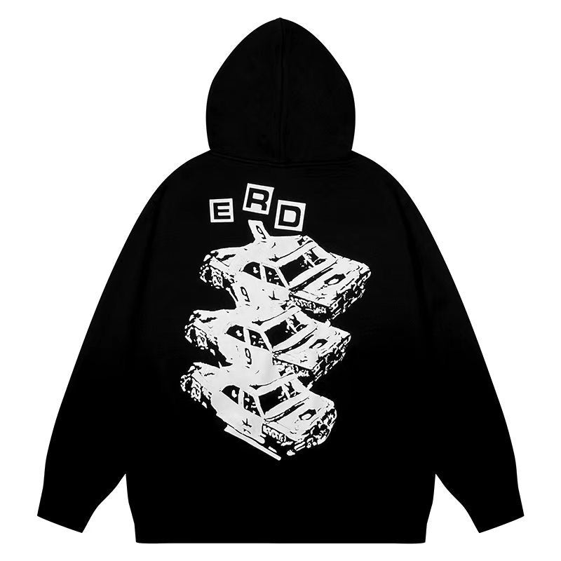 ERD Hoodie Black Casual Hoodie Stacked Car Graphic Front Letter Patten Print